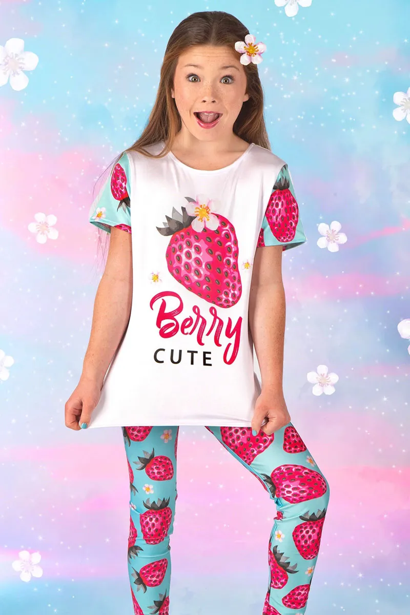 Berry Cute Lucy Blue & Pink Strawberry Print Summer Leggings - Kids