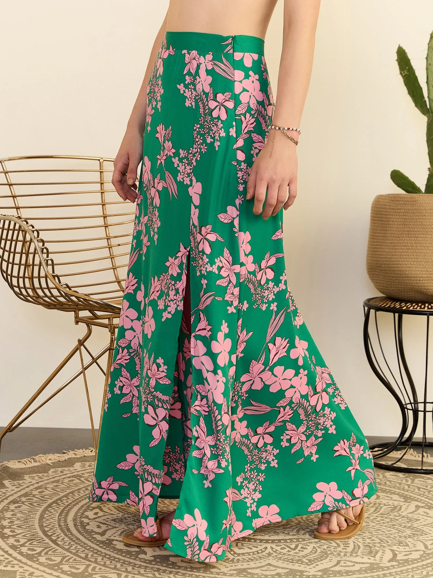 Berrylush Women Green & Pink Floral Printed High-Rise Waist Slip-On Thigh-High Slit Flared Maxi Skirt