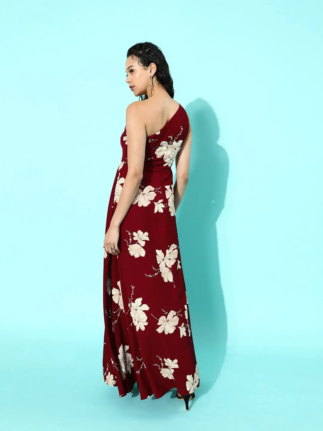 Berrylush Women Maroon & Beige Floral Printed One-Shoulder Thigh-Slit Maxi Dress