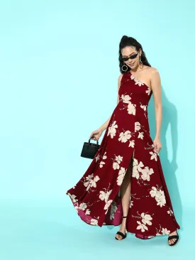 Berrylush Women Maroon & Beige Floral Printed One-Shoulder Thigh-Slit Maxi Dress