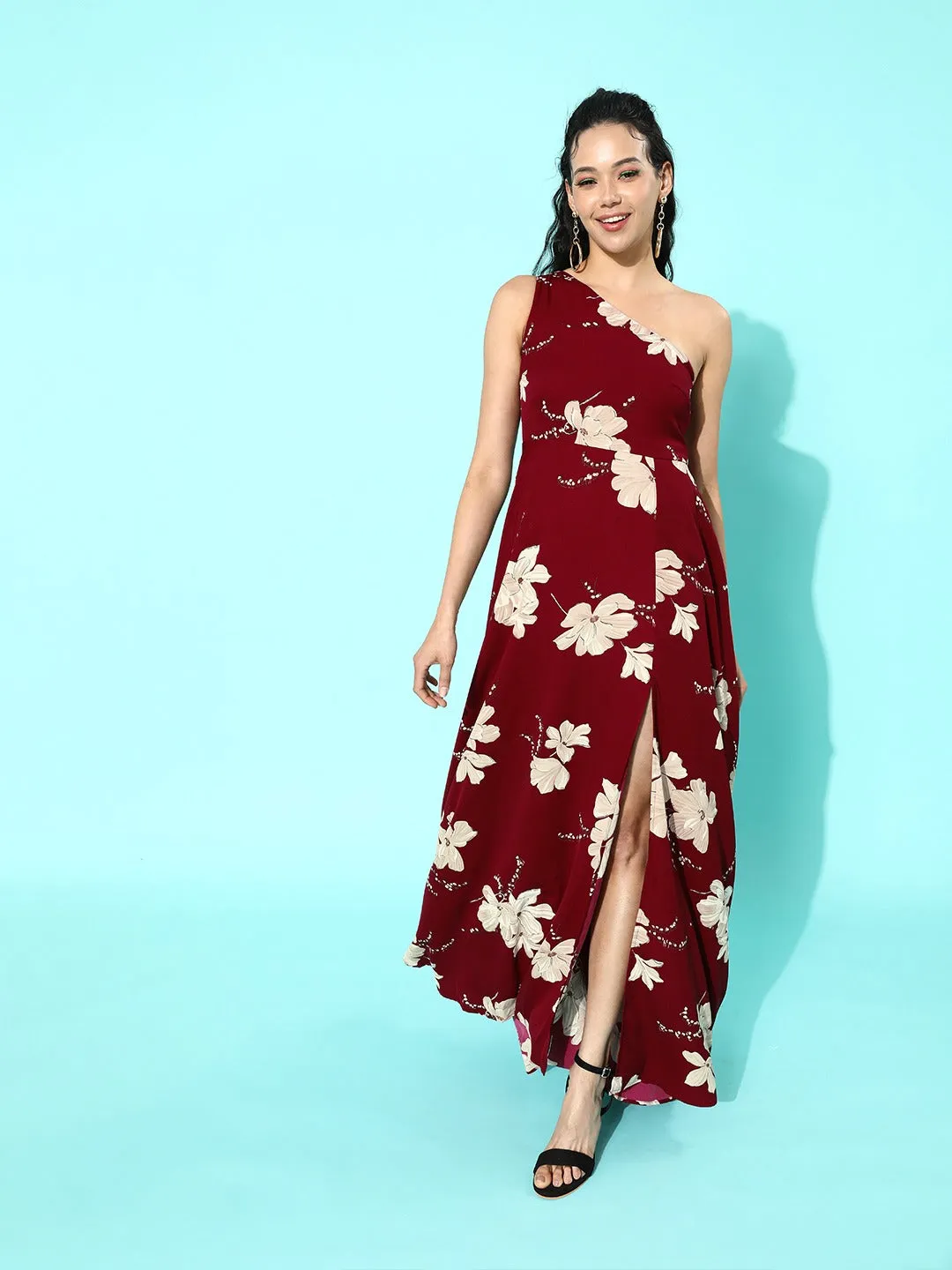 Berrylush Women Maroon & Beige Floral Printed One-Shoulder Thigh-Slit Maxi Dress