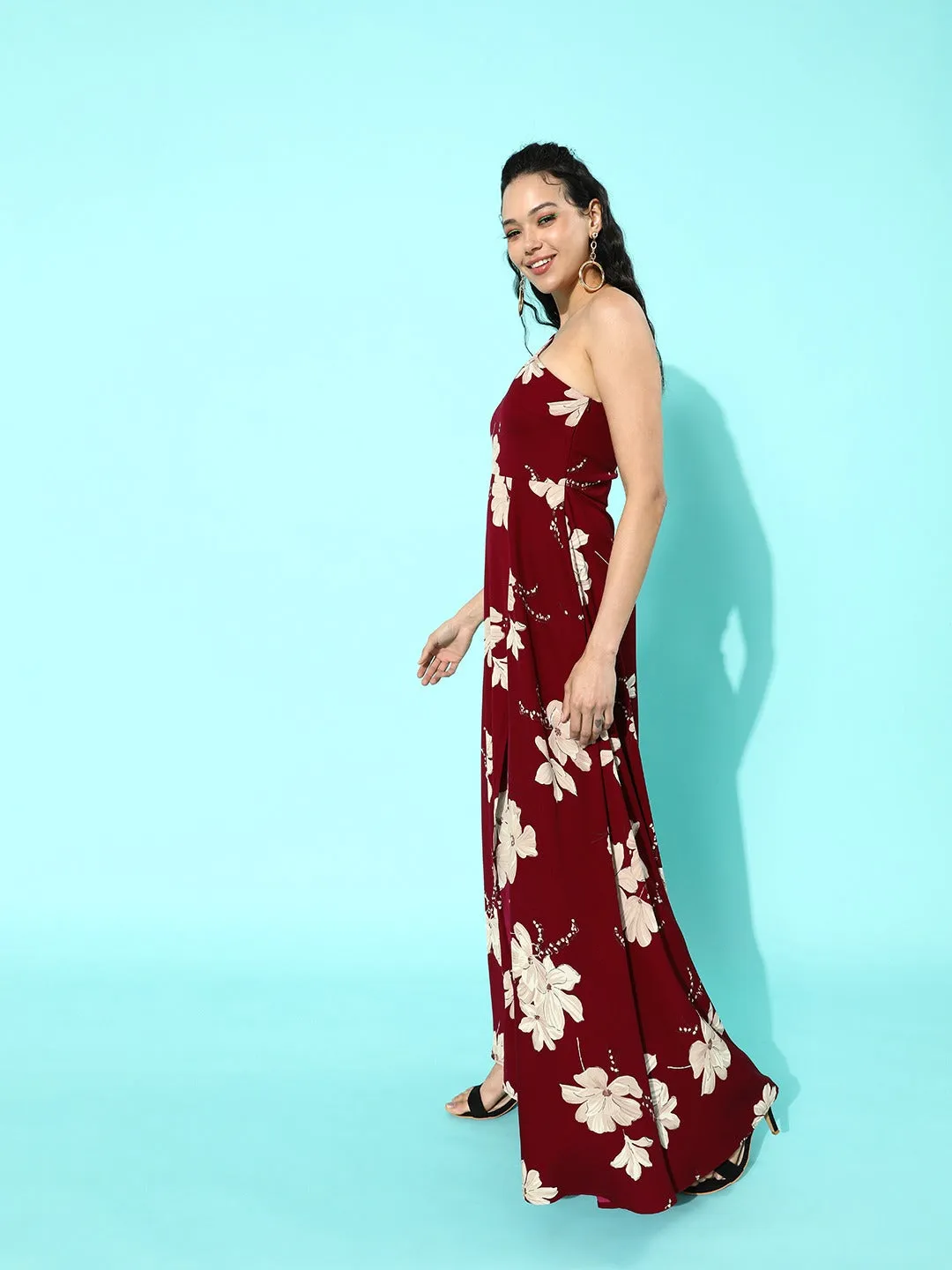 Berrylush Women Maroon & Beige Floral Printed One-Shoulder Thigh-Slit Maxi Dress