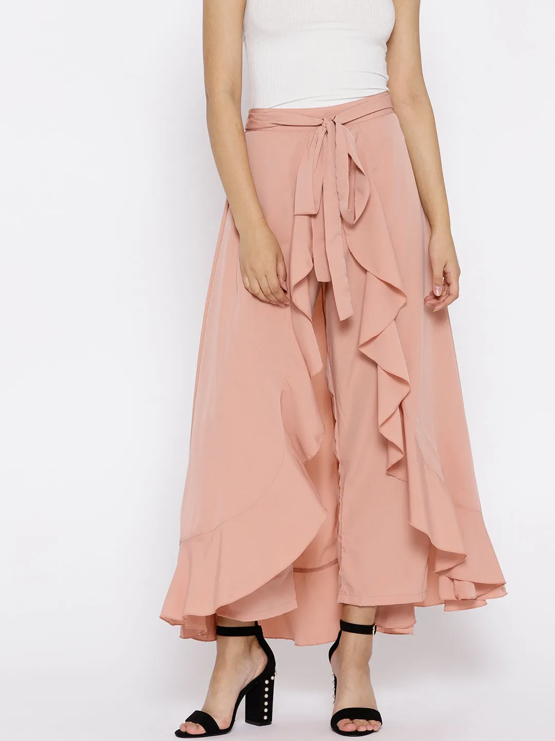 Berrylush Women Solid Dusty Pink Waist Tie-Up Ruffled Maxi Skirt with Attached Trousers