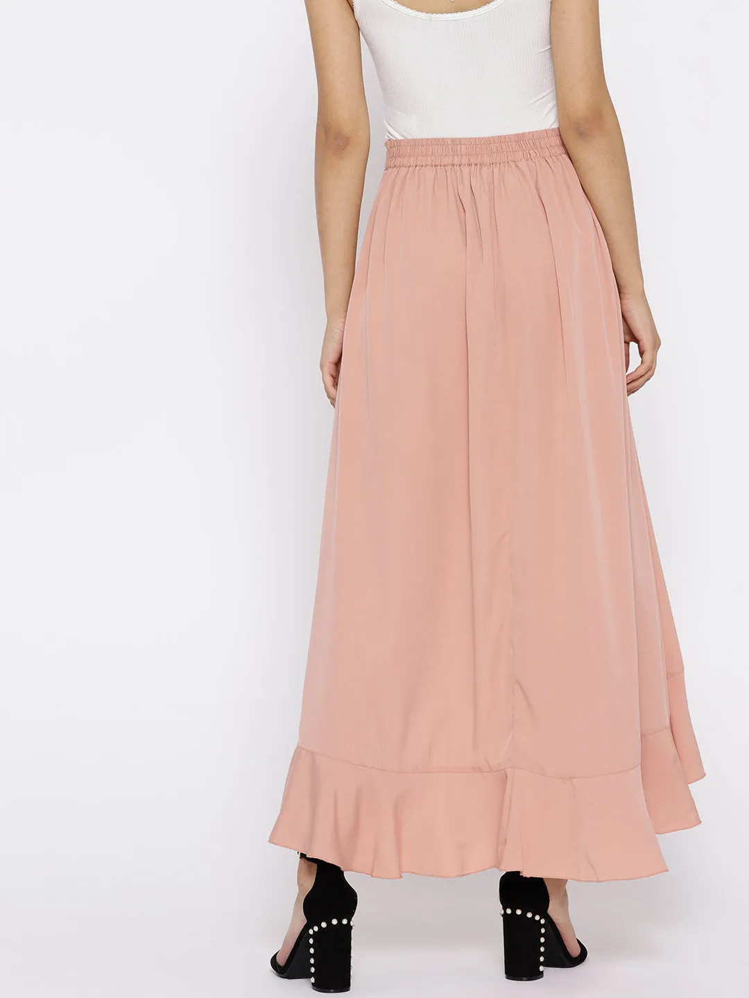 Berrylush Women Solid Dusty Pink Waist Tie-Up Ruffled Maxi Skirt with Attached Trousers