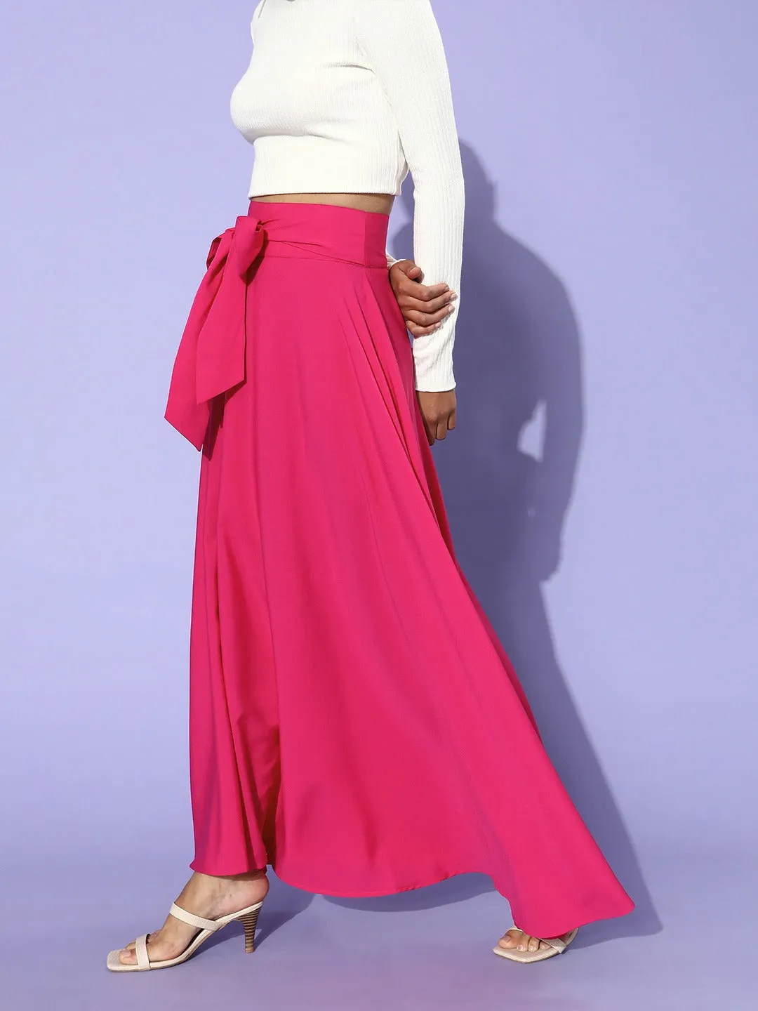 Berrylush Women Solid Pink Flared Waist Tie-Up Maxi Skirt