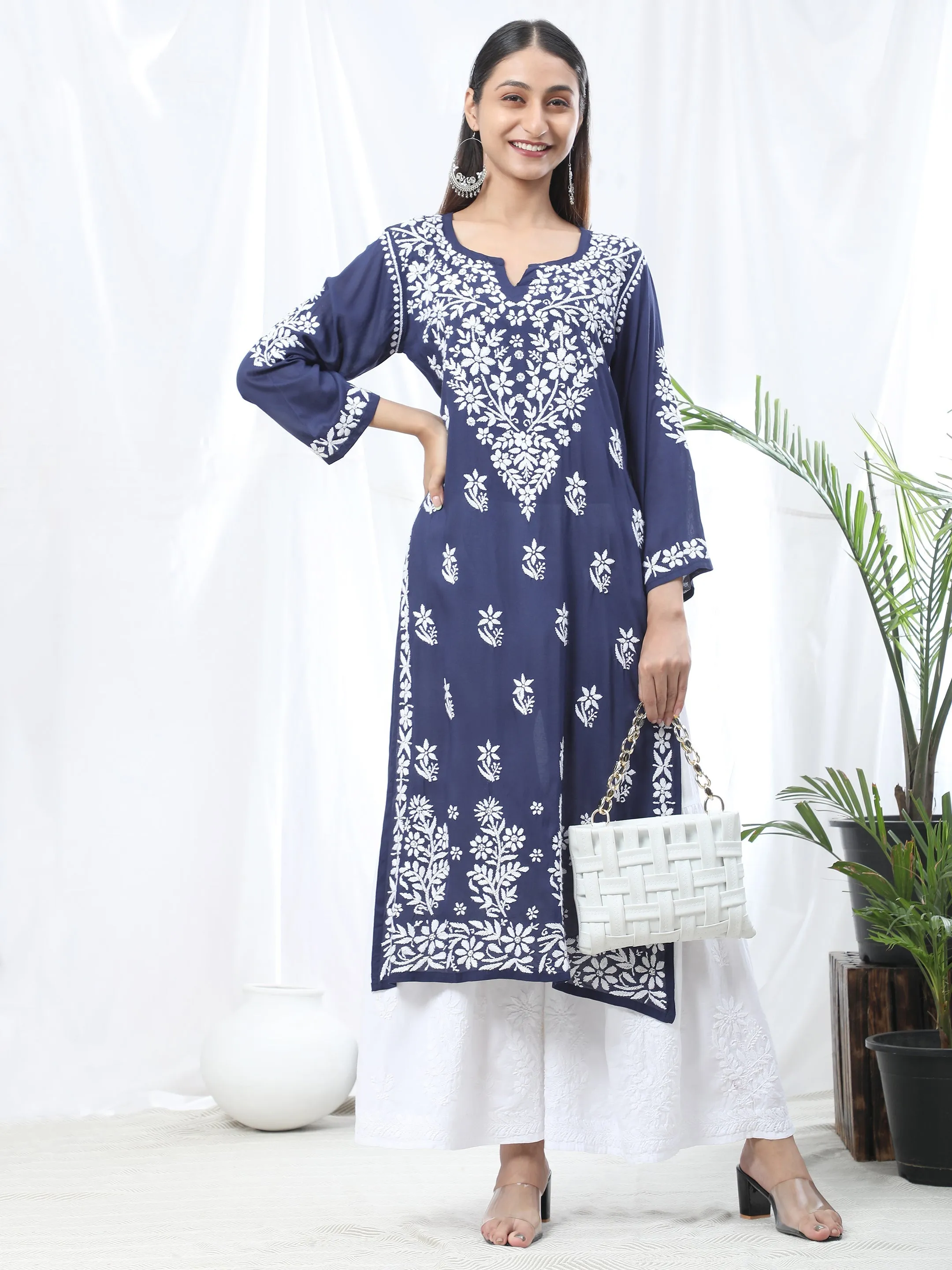 Bhavdeep Kaur in HOK Chikankari Stylish Kurti Navy Blue