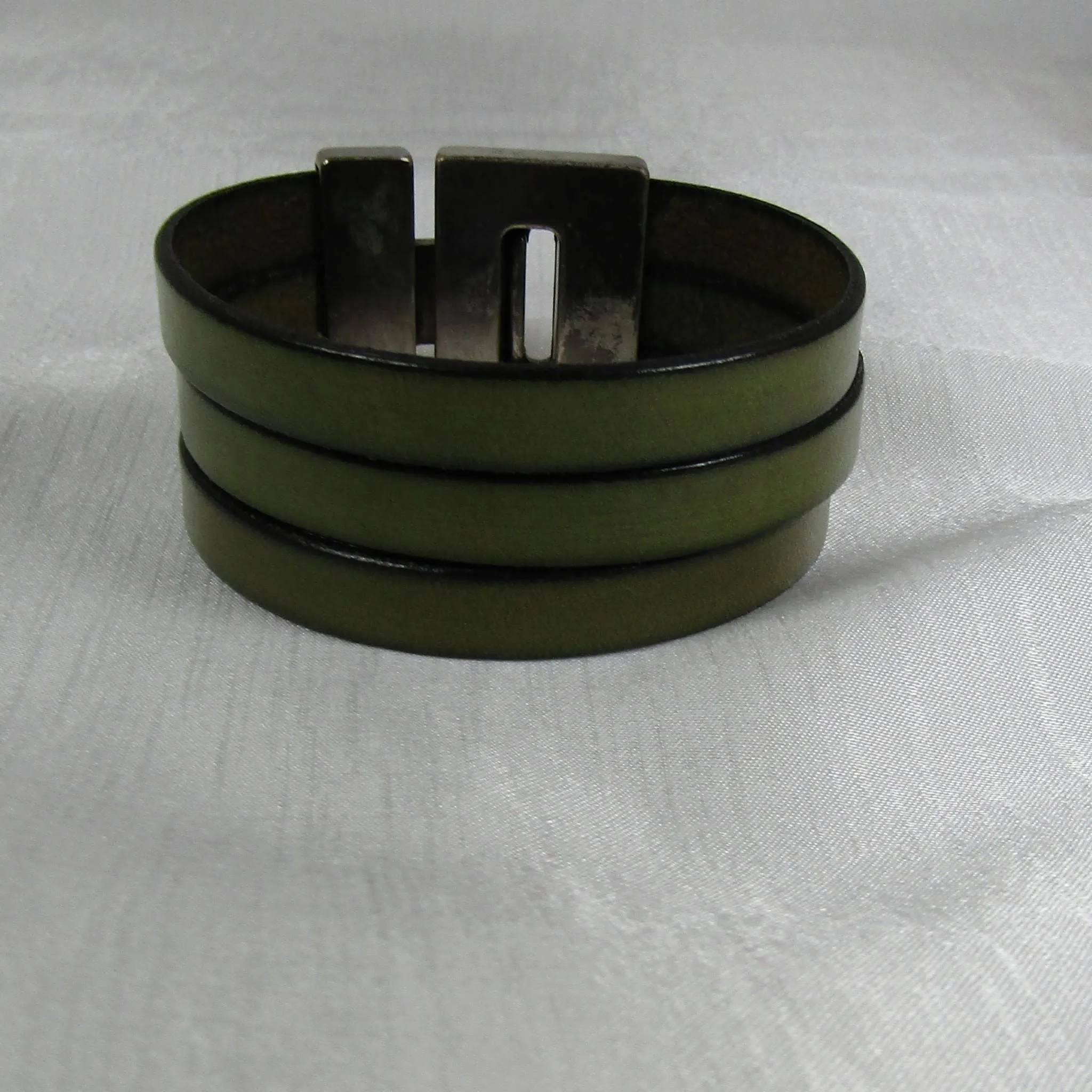 Big Bold Green Triple Strand Leather Cuff Bracelet