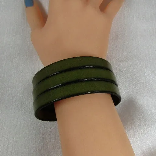 Big Bold Green Triple Strand Leather Cuff Bracelet