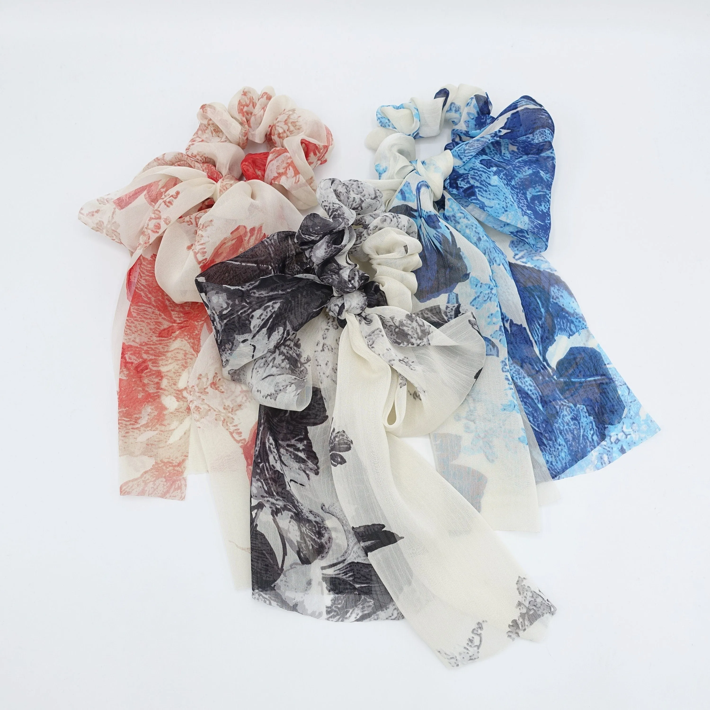 big flower print chiffon scarf scrunchies bow knot hair elastic scrunchie for women