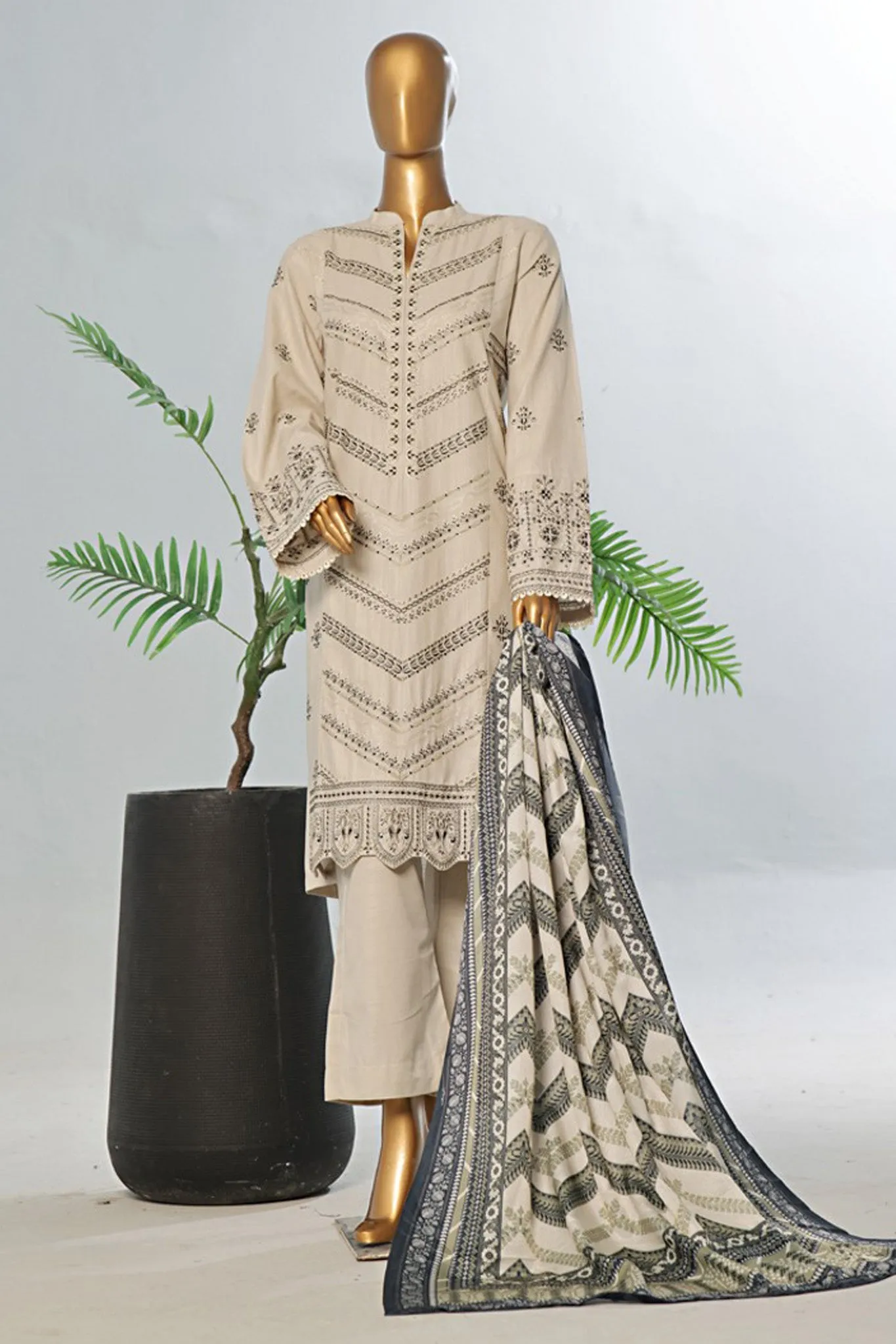 Bin Saeed Stitched 3 Piece Luxury Emb Khaddar With Shawl Collection'2024-WKK-1202-Skin