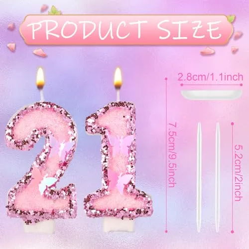 Birthday Number 21 Candles, 2.95in Glitter Butterfly Happy Birthday Cake Toppers Pink Sequins Wedding Numeral Cupcake Decorations for Anniversary Celebration Party Supplies (21th)