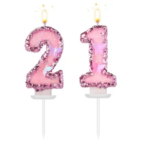 Birthday Number 21 Candles, 2.95in Glitter Butterfly Happy Birthday Cake Toppers Pink Sequins Wedding Numeral Cupcake Decorations for Anniversary Celebration Party Supplies (21th)