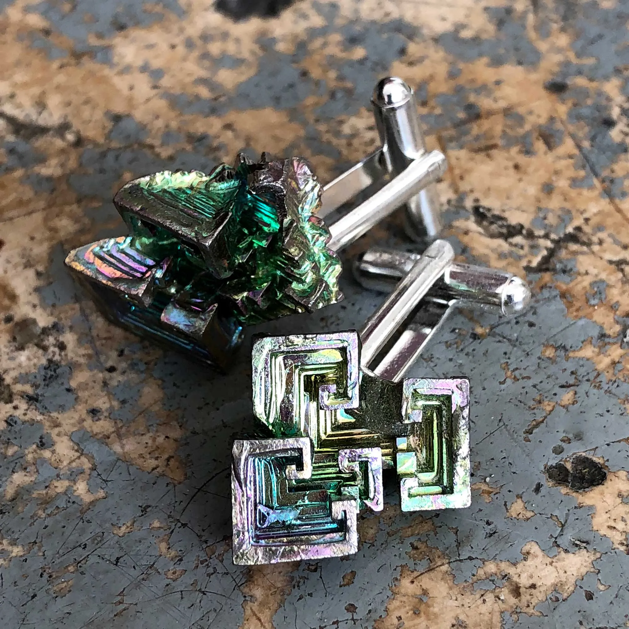 Bismuth Cufflinks, raw stone geometric crystal cuff links