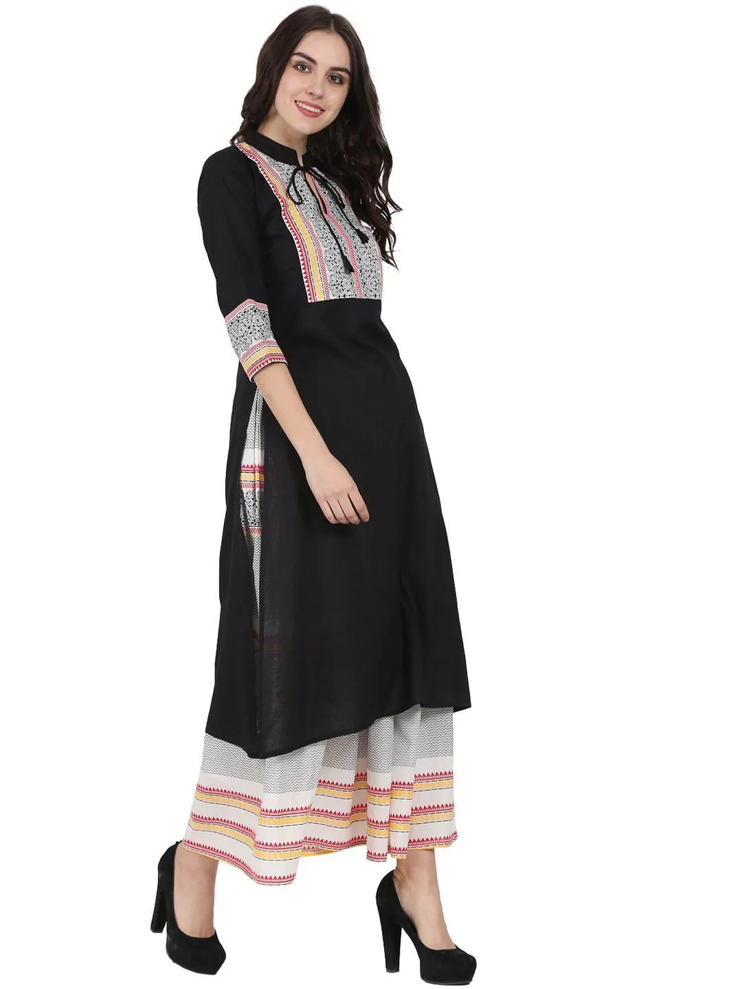 Black 3/4Th Sleeve Cotton Kurta With Off White Printed Ankle Length Flared Skirt