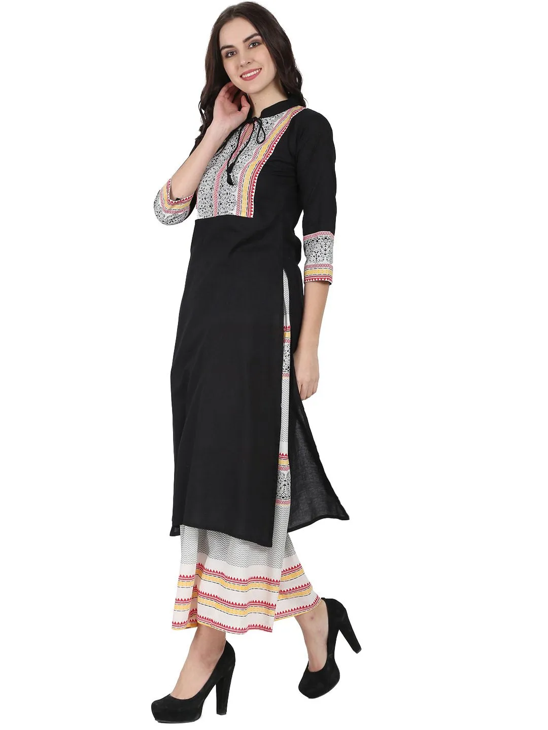 Black 3/4Th Sleeve Cotton Kurta With Off White Printed Ankle Length Flared Skirt