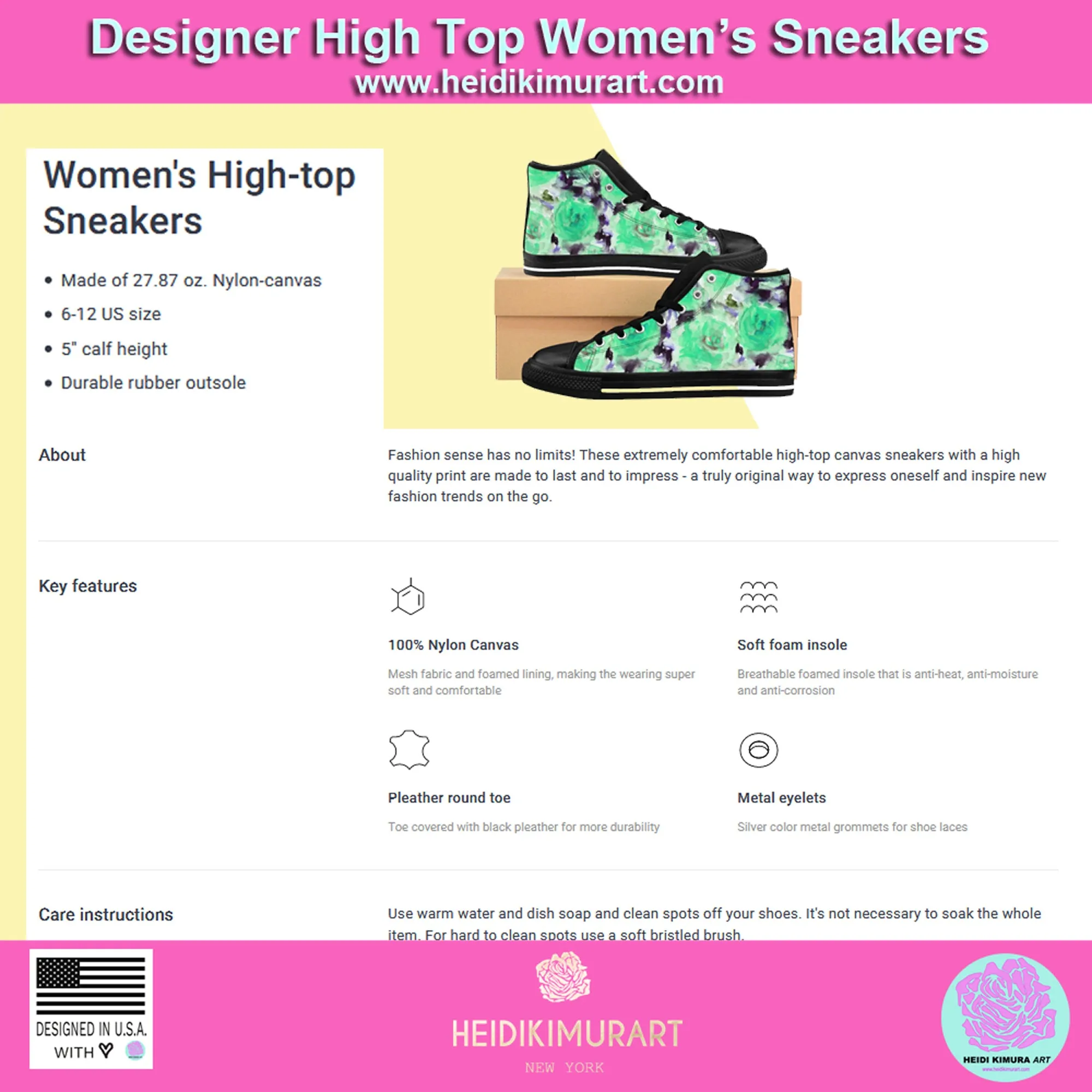 Black Abstract Women's Sneakers, Rose Floral Print High Top Tennis Shoes (US Size: 6-12)