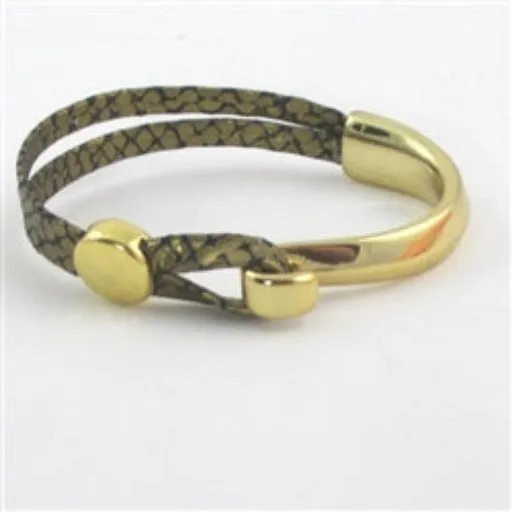 Black & Gold Leather Bracelet with Gold Half Cuff