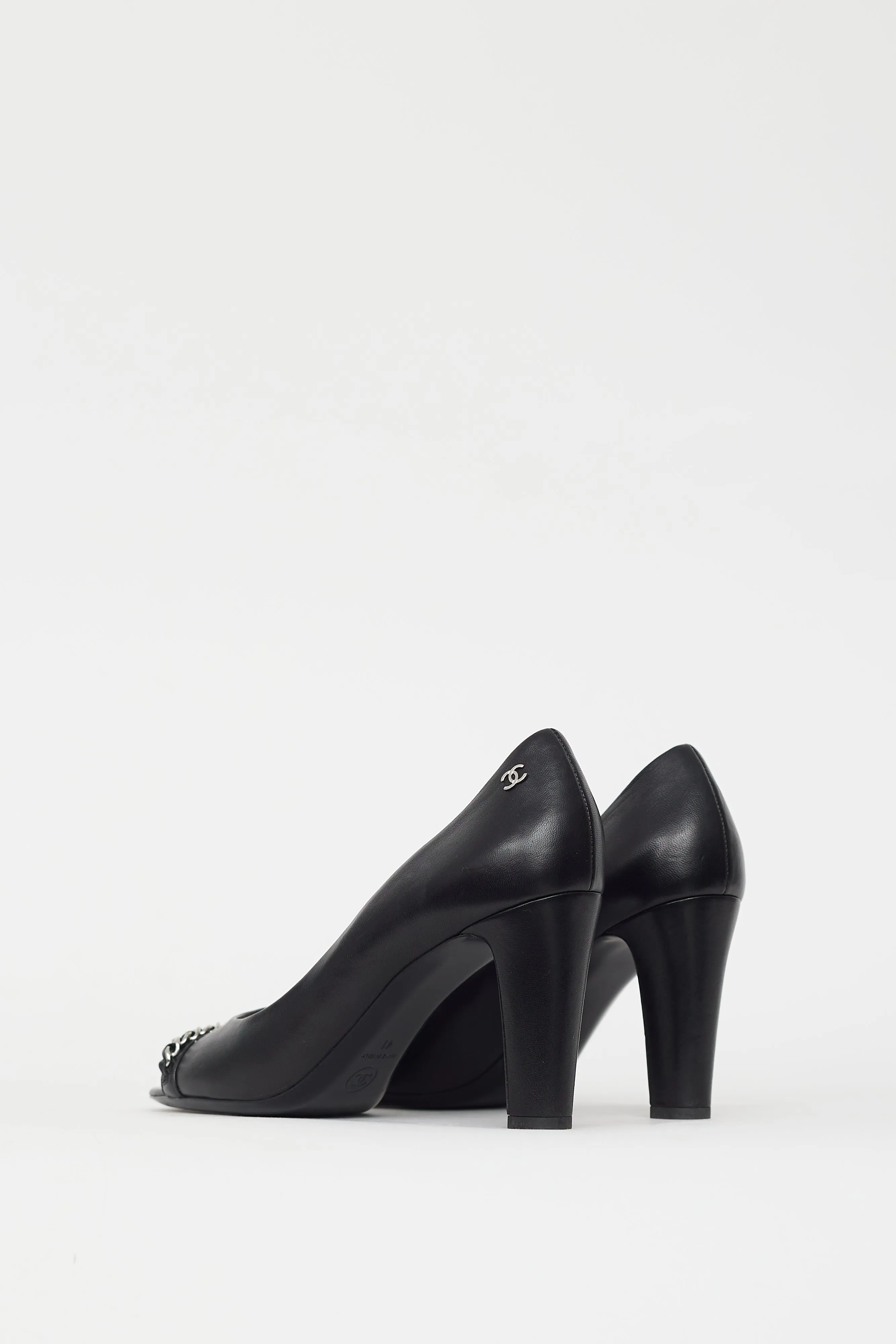 Black & Silver CC Chain Peep Toe Pump