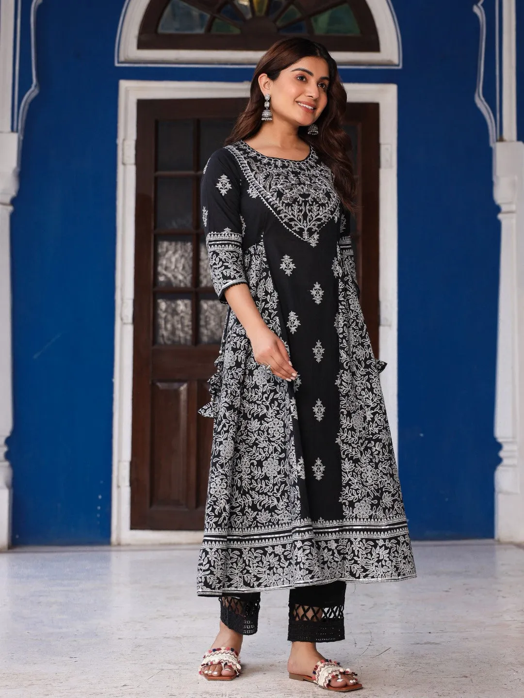 Black & White Ethnic Motif Printed Pure Cotton Flared Maxi Kurta With Pant Set With Beads & Sequins