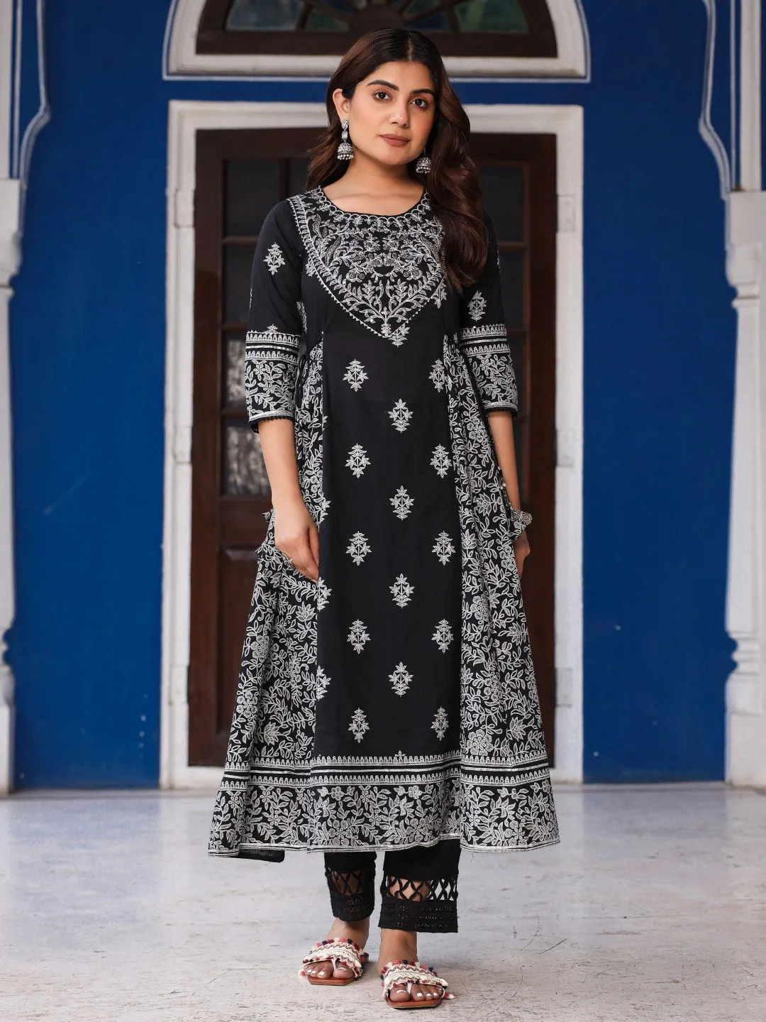 Black & White Ethnic Motif Printed Pure Cotton Flared Maxi Kurta With Pant Set With Beads & Sequins