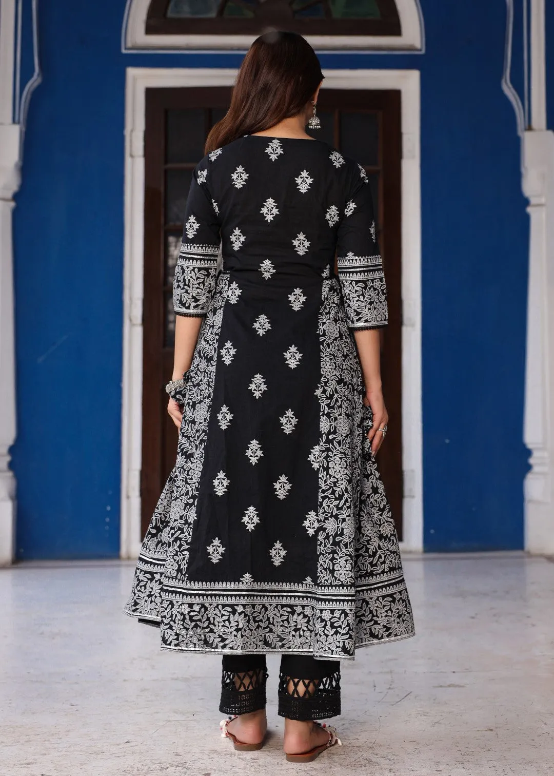 Black & White Ethnic Motif Printed Pure Cotton Flared Maxi Kurta With Pant Set With Beads & Sequins