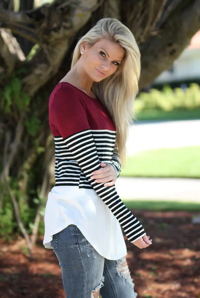 Black and Burgundy Striped Top