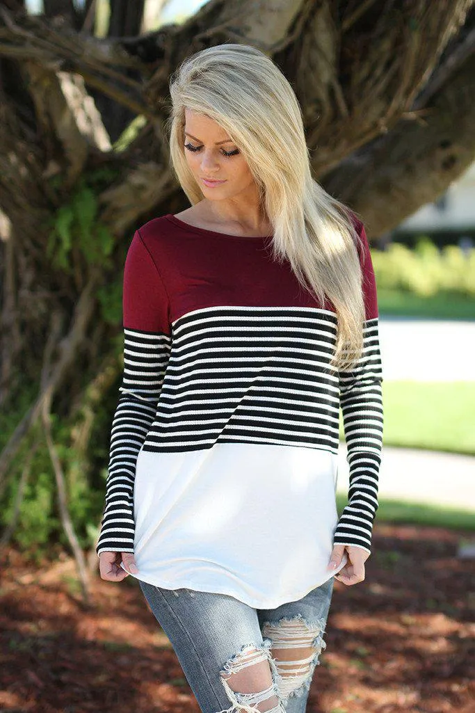 Black and Burgundy Striped Top