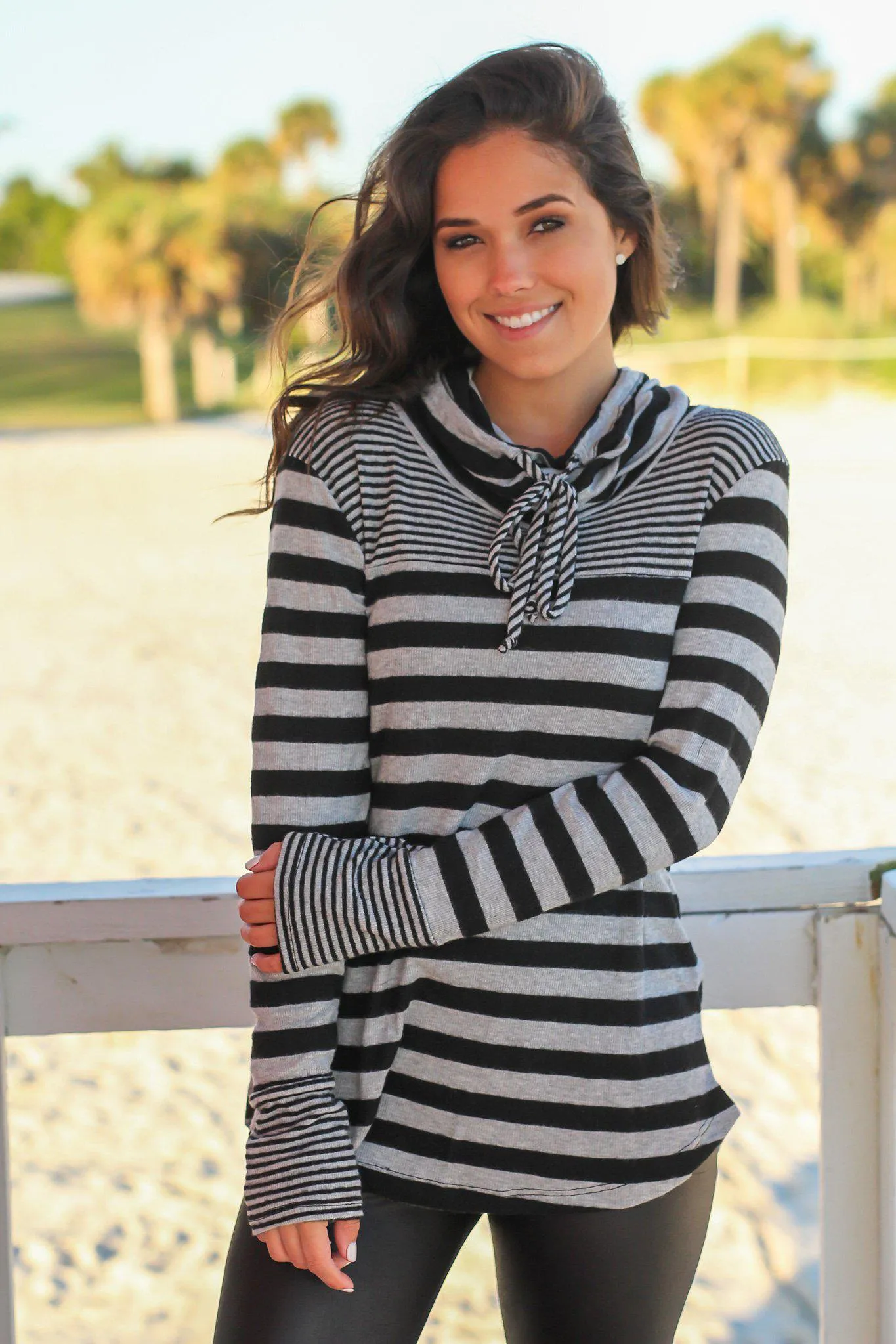 Black and Gray Striped Cowl Neck Top