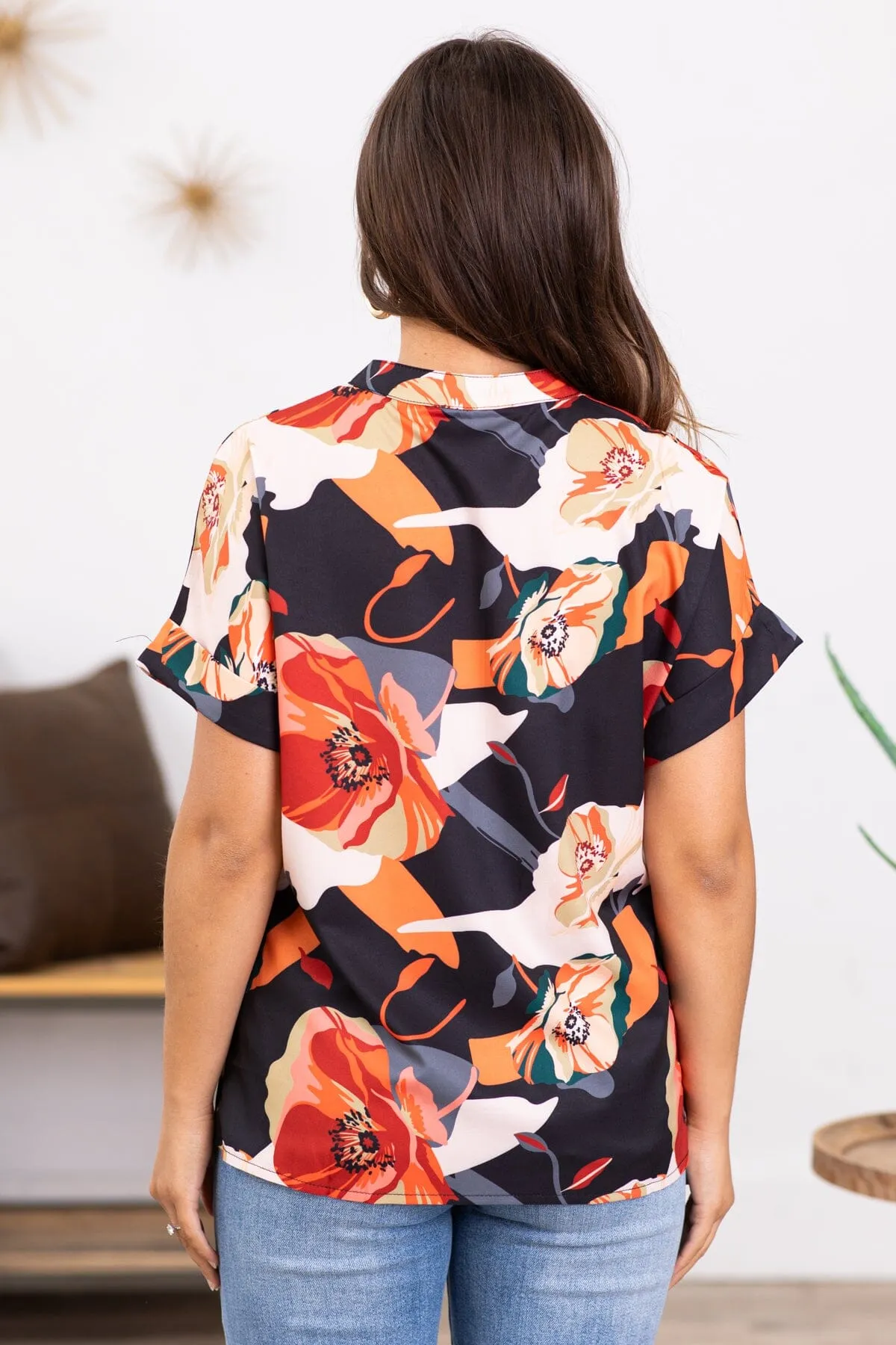 Black and Orange Floral Print Notch Neck Top