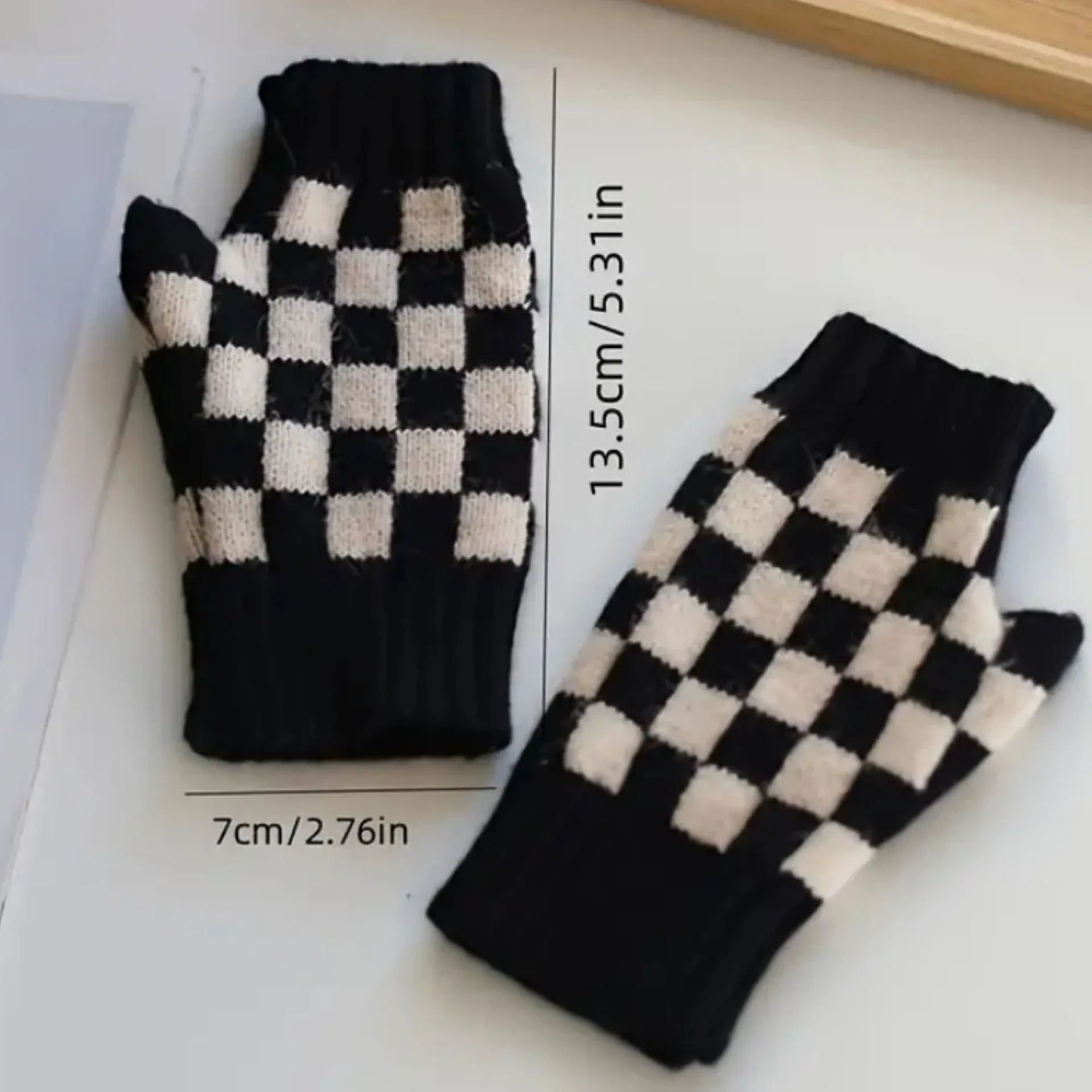 Black and White Checkerboard Knit Fingerless Gloves