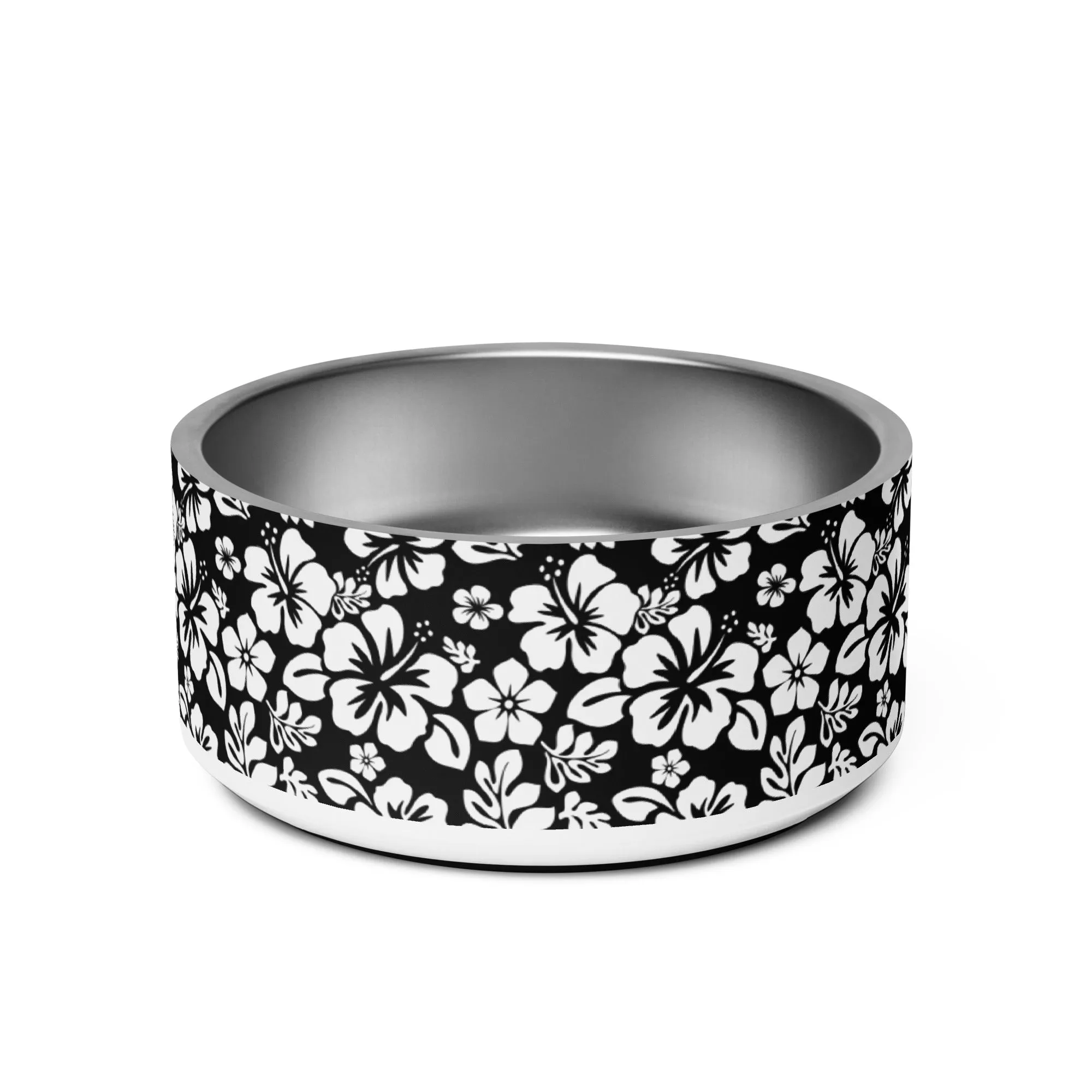 Black and White Hawaiian Flowers Pet Bowl