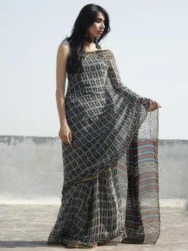 Black Beige Turquoise Hand Block Printed Chiffon Saree - S031702312