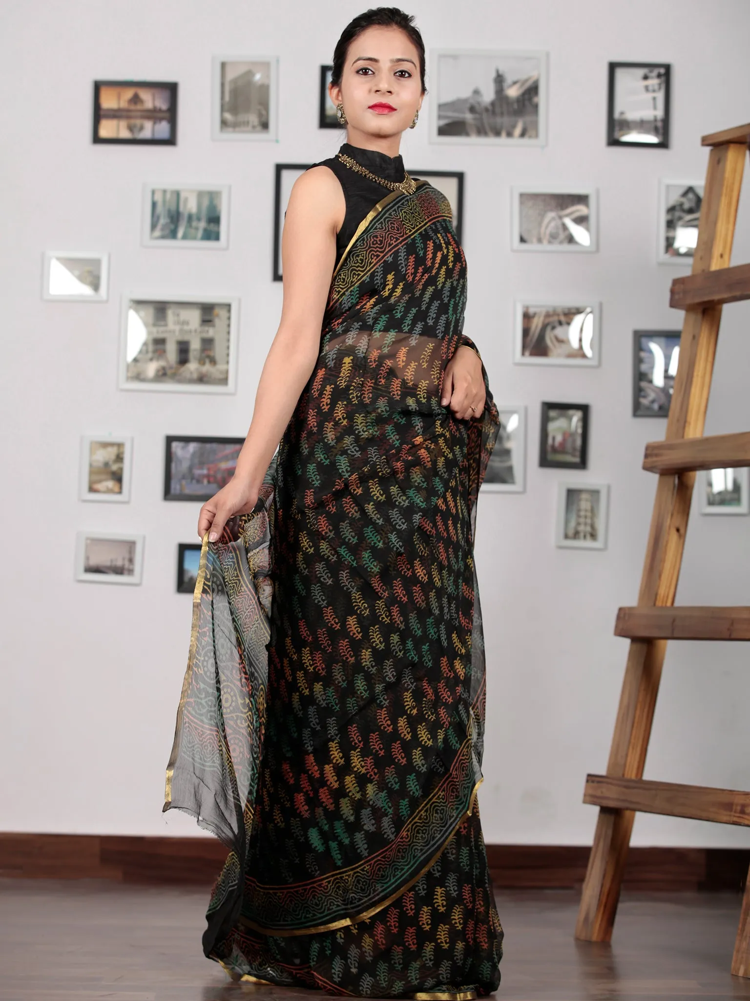 Black Blue Yellow Coral Hand Block Printed Chiffon Saree with Zari Border - S031702770