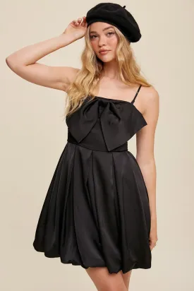 Black Bow Tie Mini Satin Dress