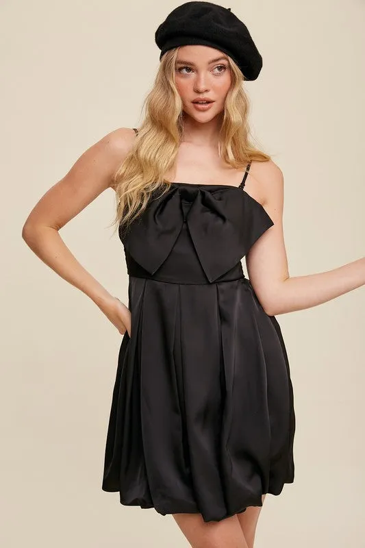 Black Bow Tie Mini Satin Dress