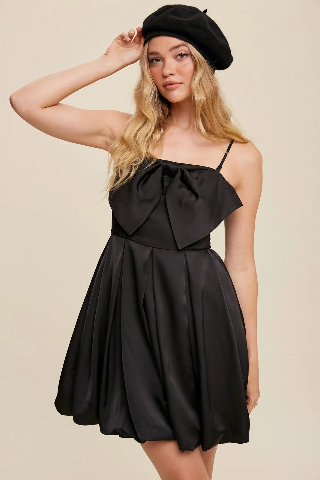 Black Bow Tie Mini Satin Dress