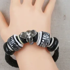 Black Braided Leather Bracelet Large Kazuri Bead & Elepahnt Accents