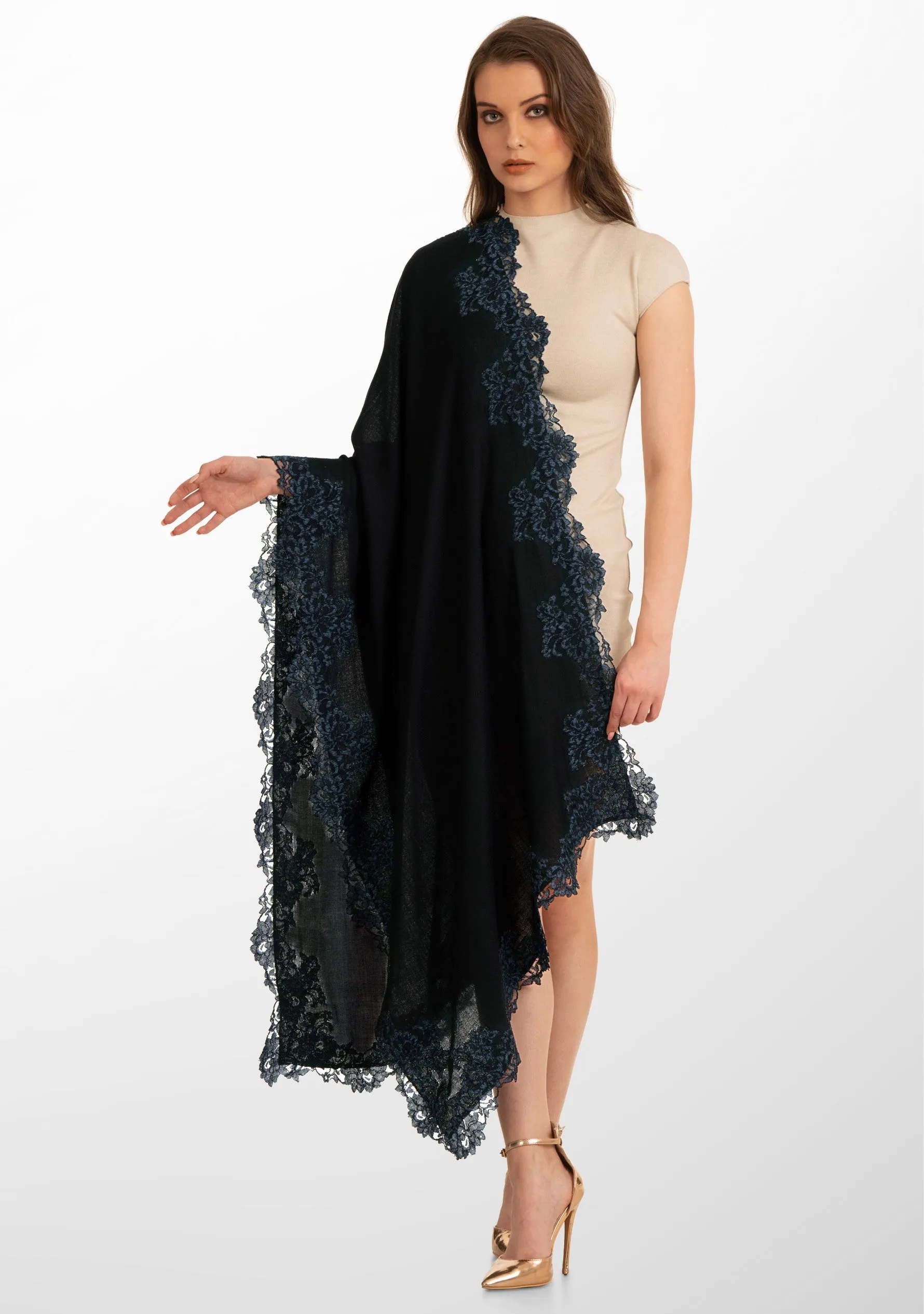 Black Cashmere Scarf with a Dual Shade Black and Blue Floral Chantilly Lace Border