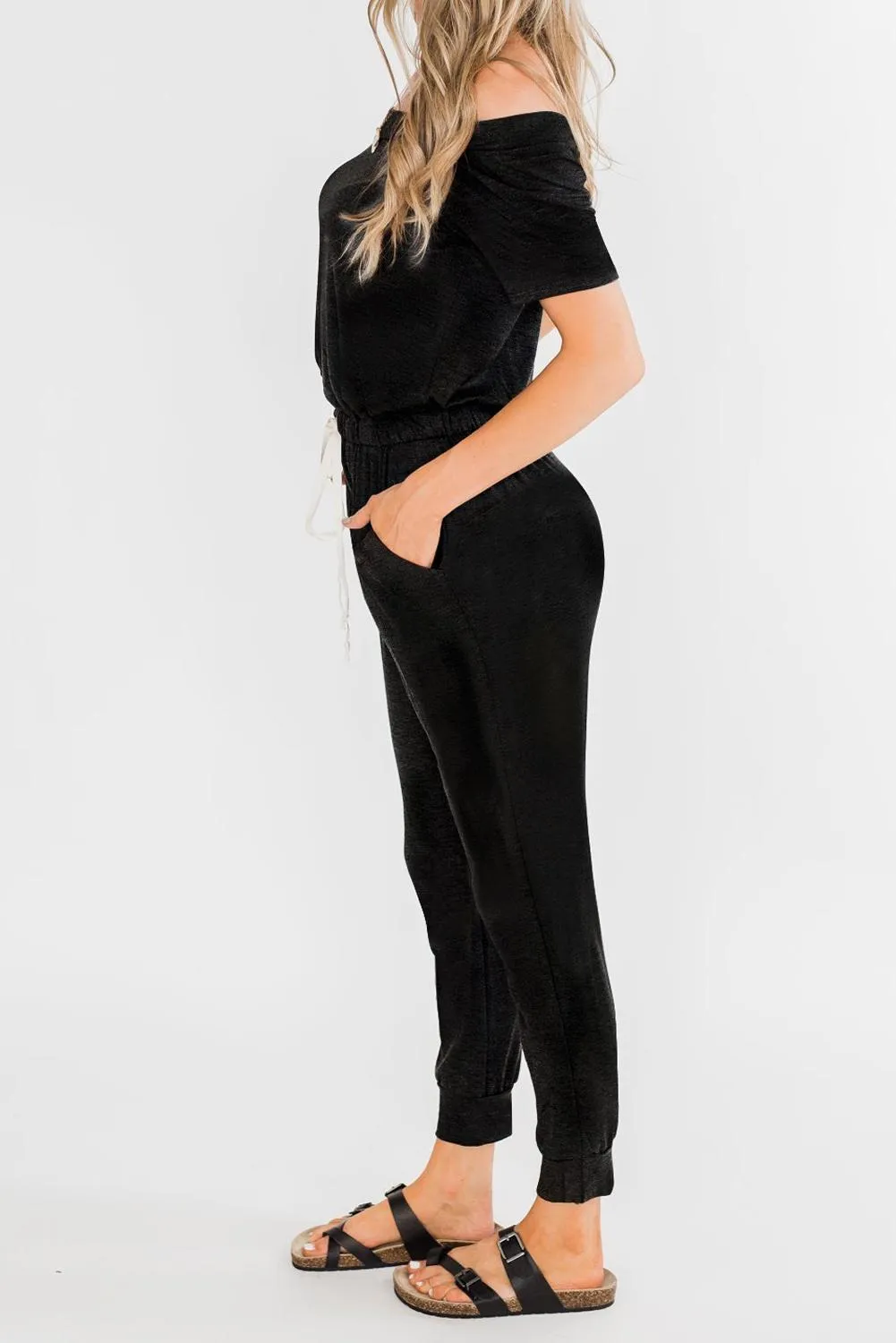 Black Casual Drawstring Jogger Jumpsuit