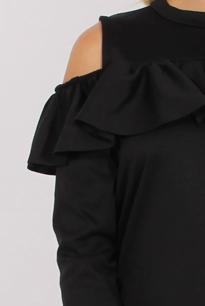 Black Cold Shoulder Frill Layer Swing Dress - Megan