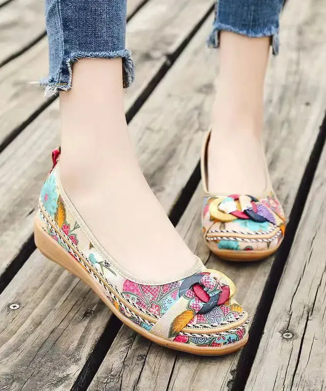 Black Cotton Fabric Print Splicing Boho Wedge Heels Plus Size ML1086