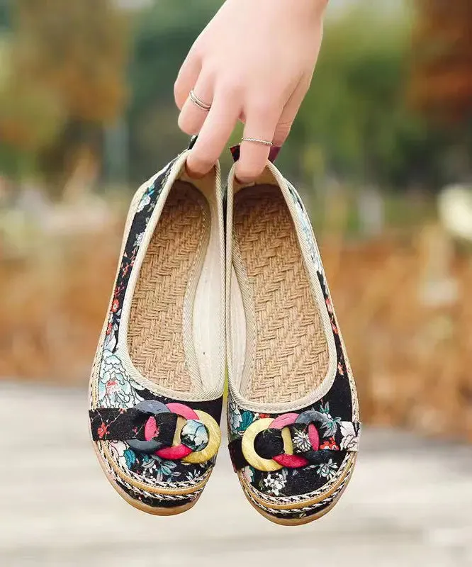 Black Cotton Fabric Print Splicing Boho Wedge Heels Plus Size ML1086