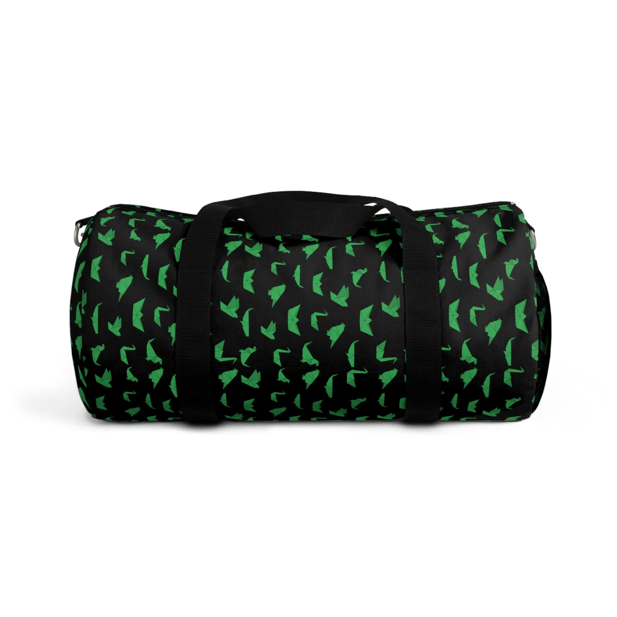 Black Crane Print Duffel Bag, Green Japanese Crane Print Pattern Duffle or Gym Bag Small or Large - Made in USA