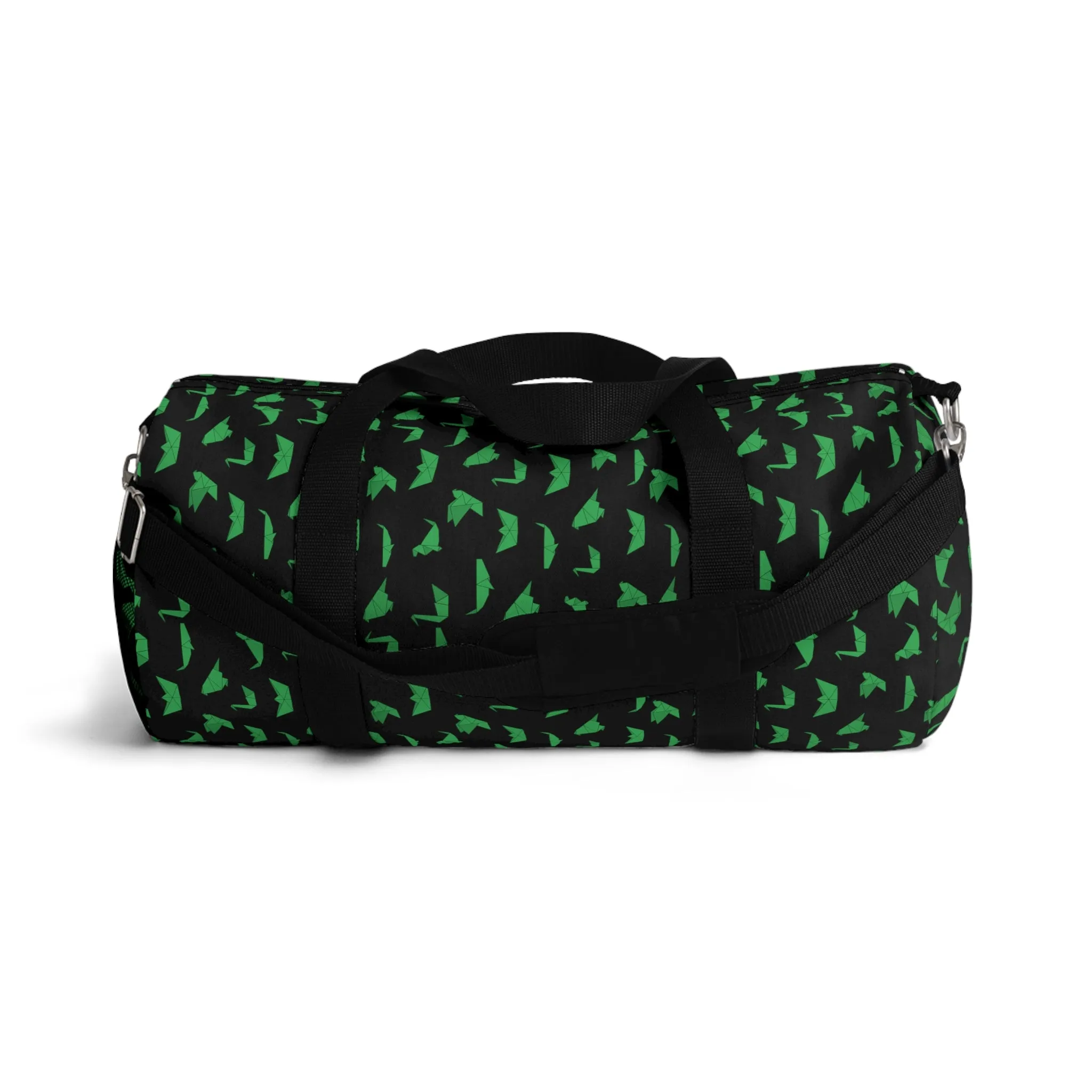 Black Crane Print Duffel Bag, Green Japanese Crane Print Pattern Duffle or Gym Bag Small or Large - Made in USA