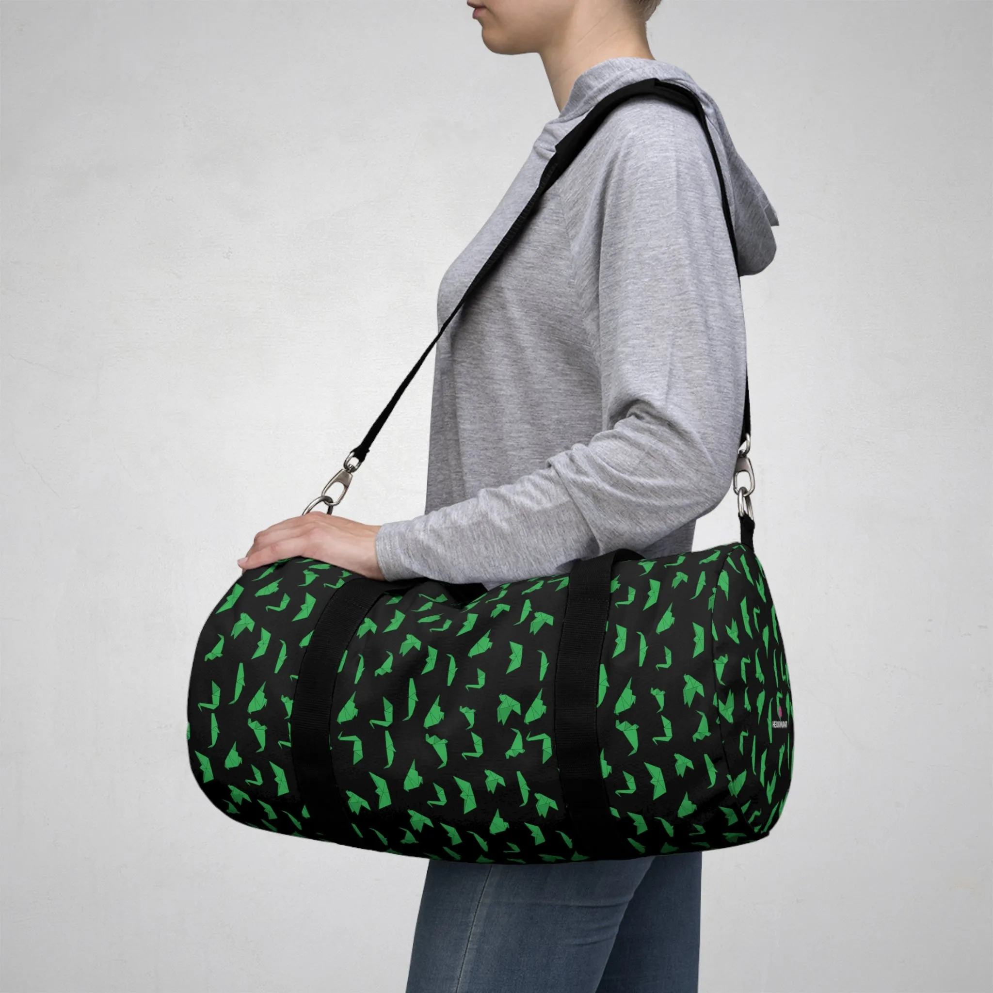 Black Crane Print Duffel Bag, Green Japanese Crane Print Pattern Duffle or Gym Bag Small or Large - Made in USA