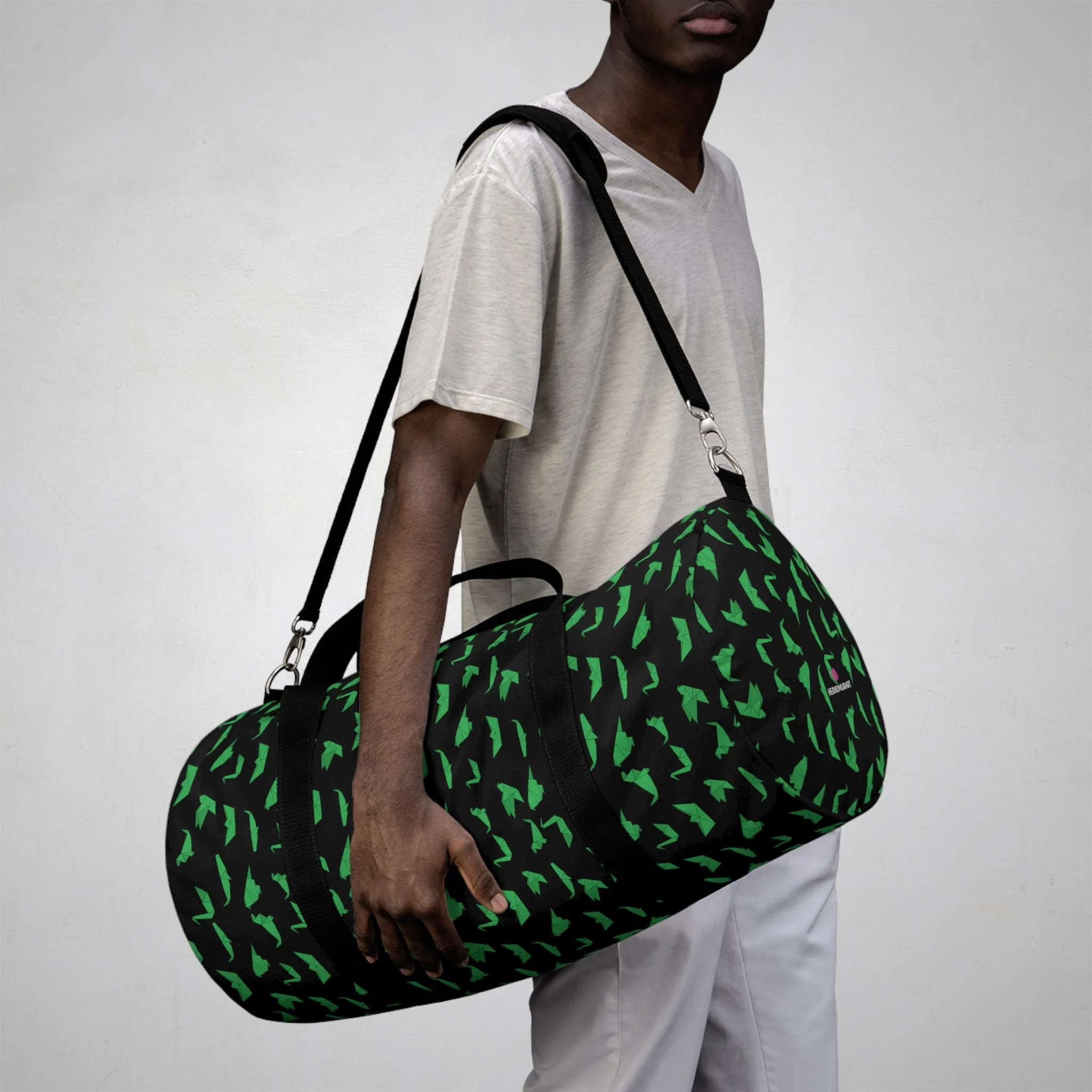 Black Crane Print Duffel Bag, Green Japanese Crane Print Pattern Duffle or Gym Bag Small or Large - Made in USA