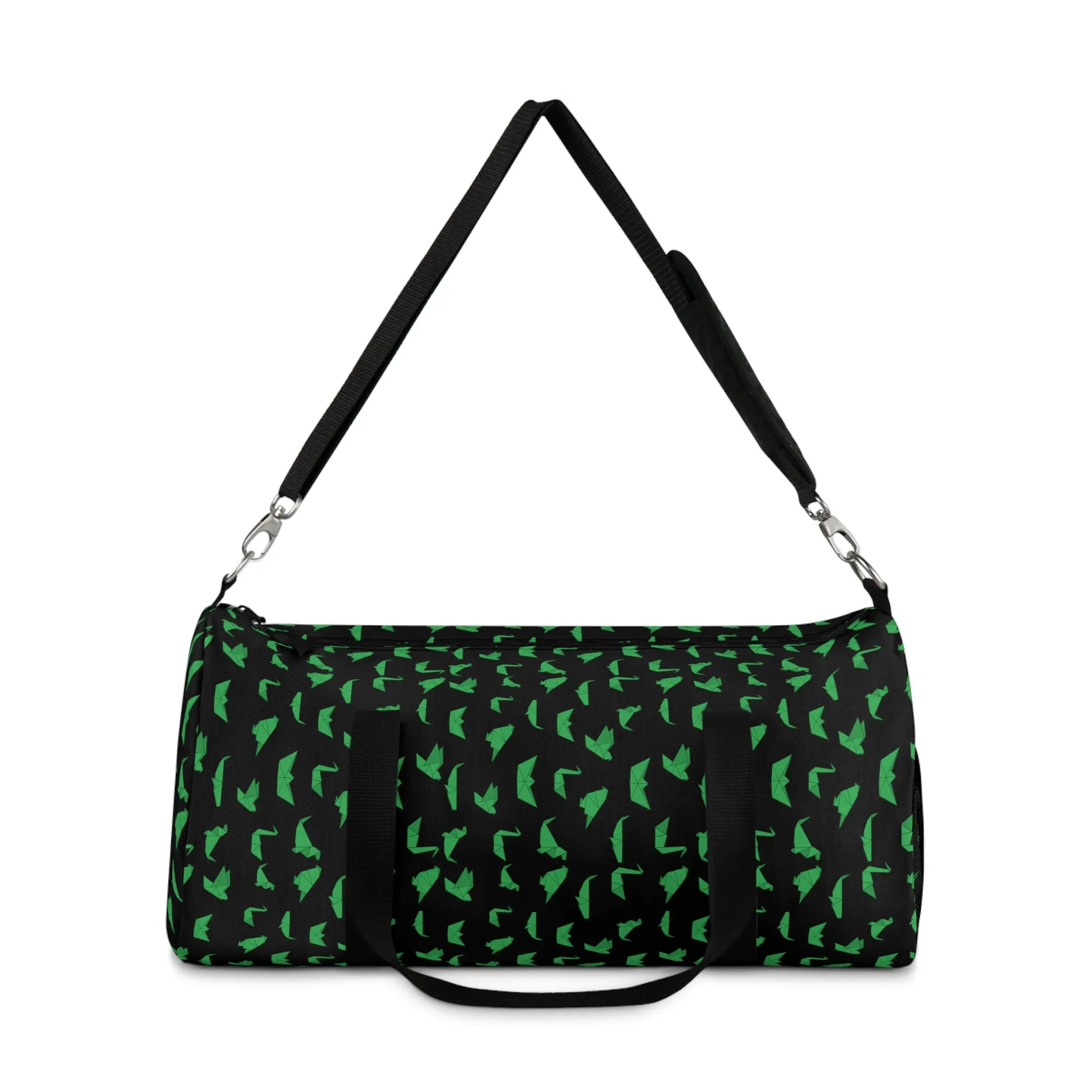 Black Crane Print Duffel Bag, Green Japanese Crane Print Pattern Duffle or Gym Bag Small or Large - Made in USA