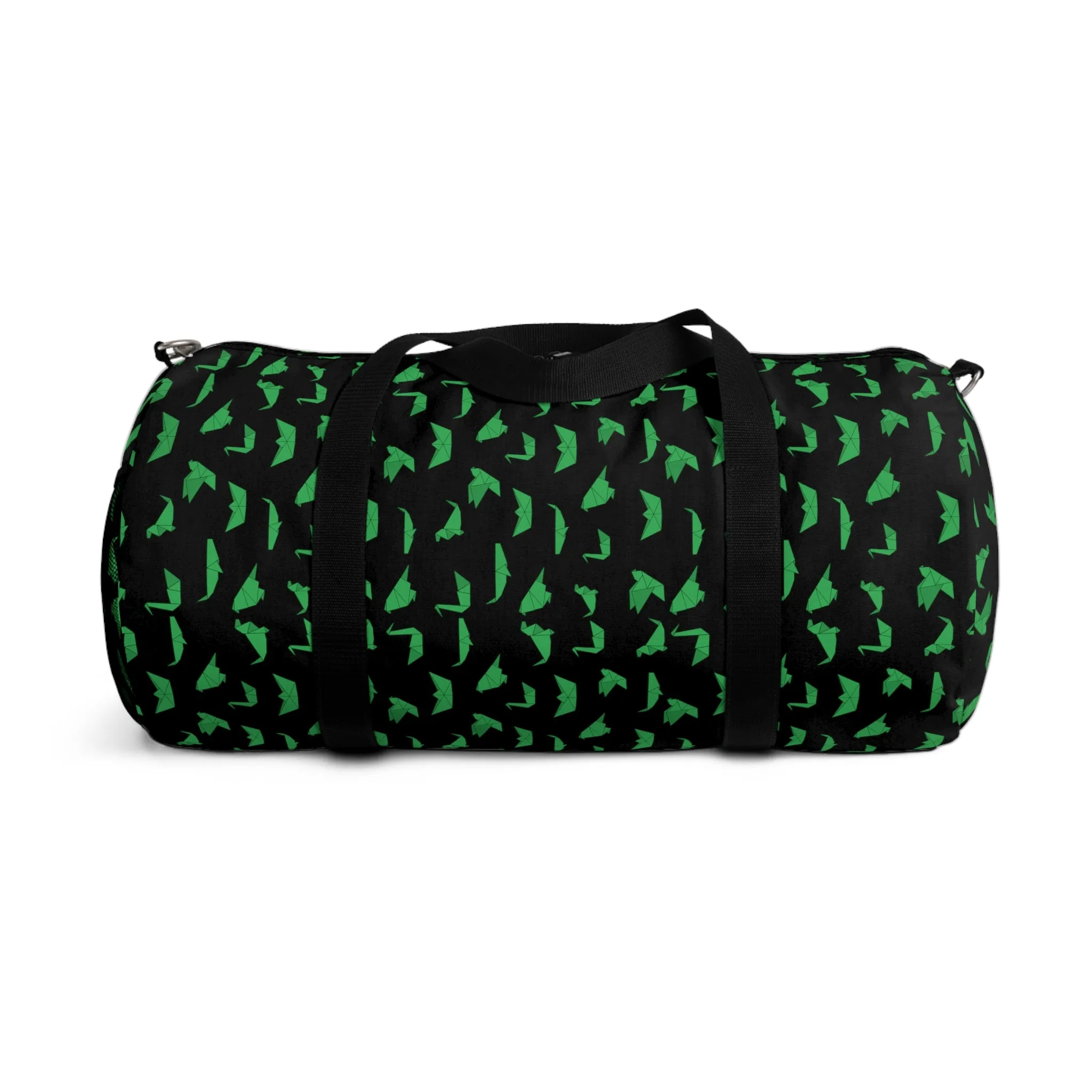 Black Crane Print Duffel Bag, Green Japanese Crane Print Pattern Duffle or Gym Bag Small or Large - Made in USA