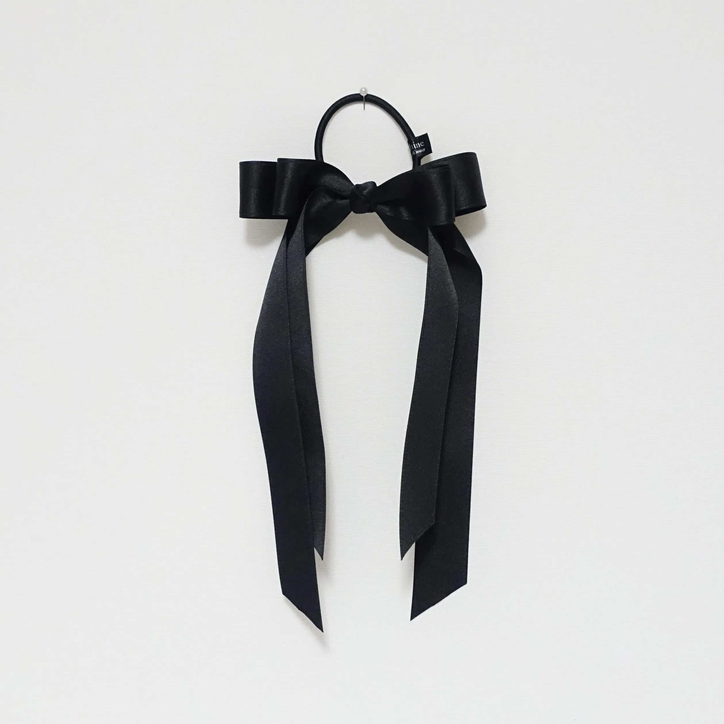 Black cream satin long tail bow hair elastic ponytail holder comb for women