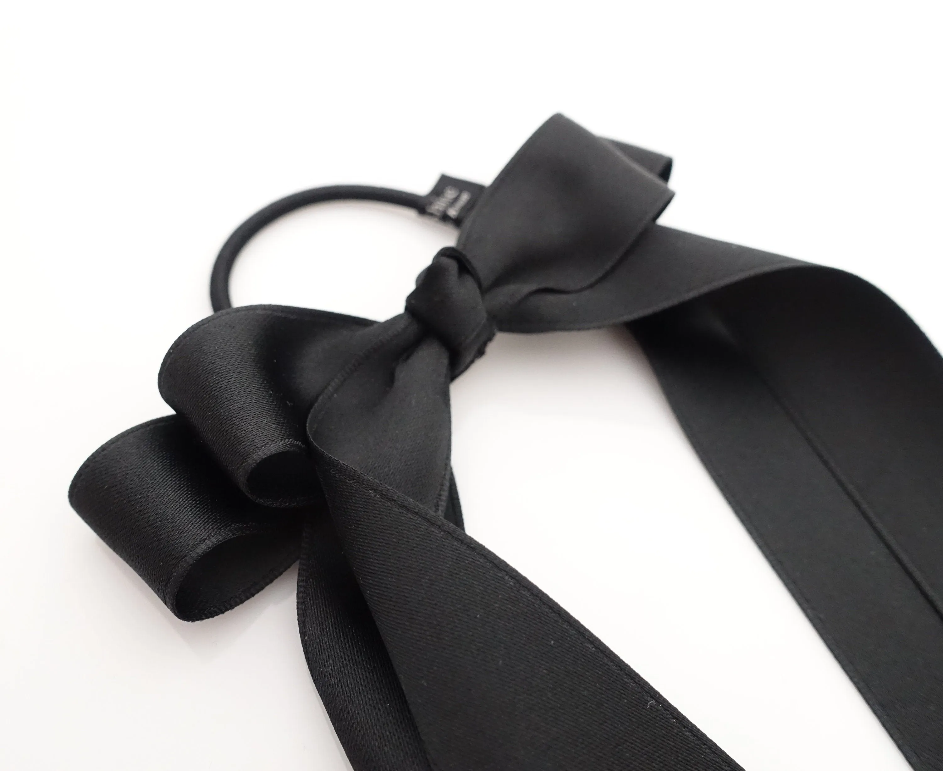 Black cream satin long tail bow hair elastic ponytail holder comb for women